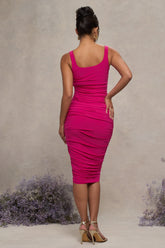 Hot Pink Maternity Square Neck Ruched Midi Dress